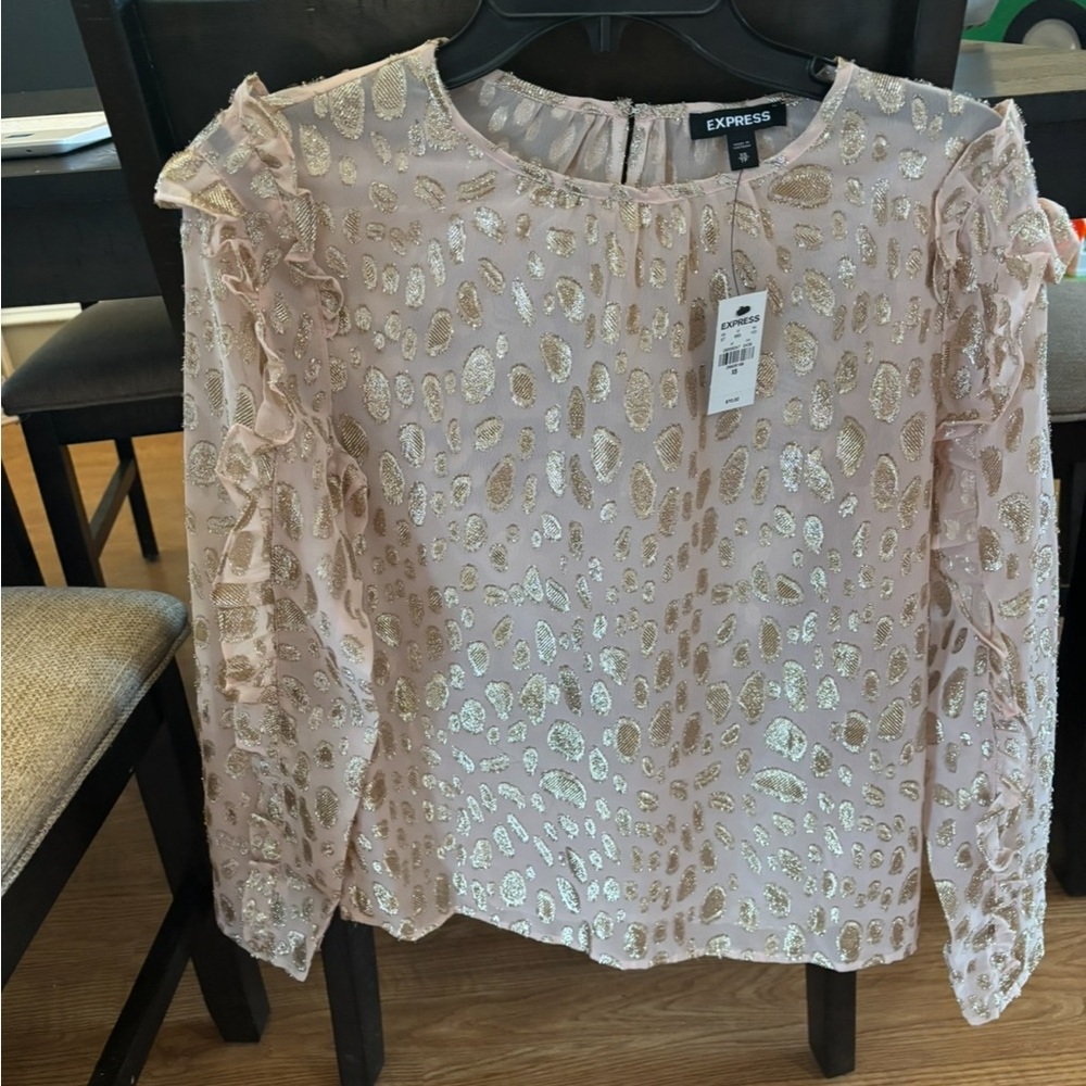 Express Pink Blouse with Gold Metallic Leopard Print and Ruffles